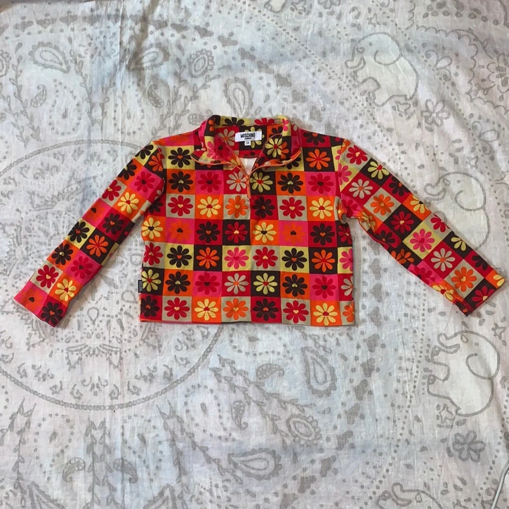 Moschino Junior Flower Orange Red Long Sleeve Zip Shirt Sz Girls 8 - Picture 1 of 15